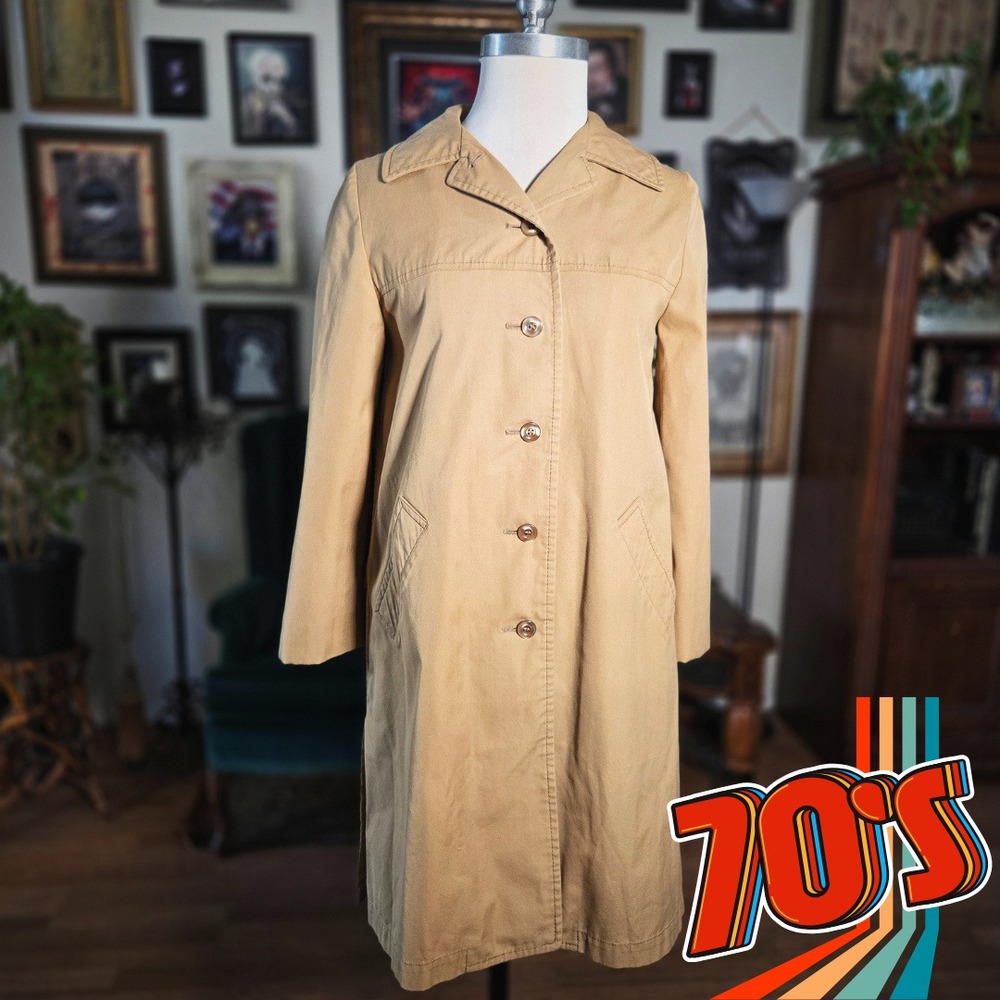 London Fog Trench Coat Vintage 70s Tan Beige Raincoat Claeth Cloth Maincoat Sz 6